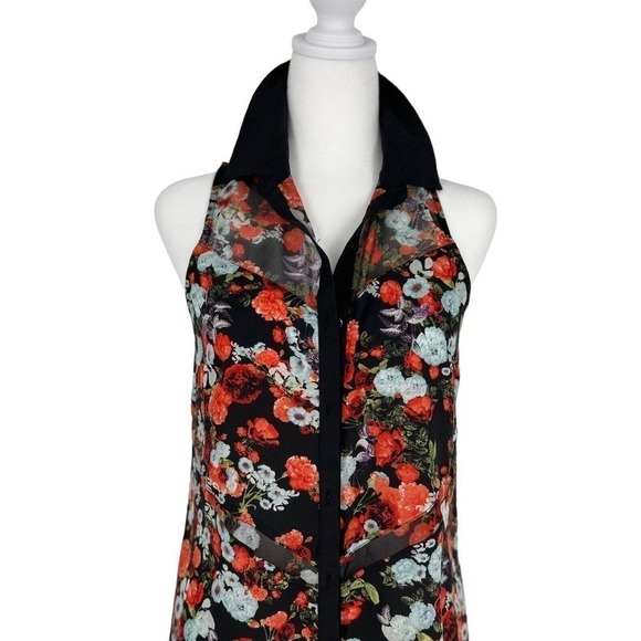 BCBG Shear Floral Sleeveless V-Neck Button Up Blouse Or Micro Mini Size XS - Picture 5 of 16